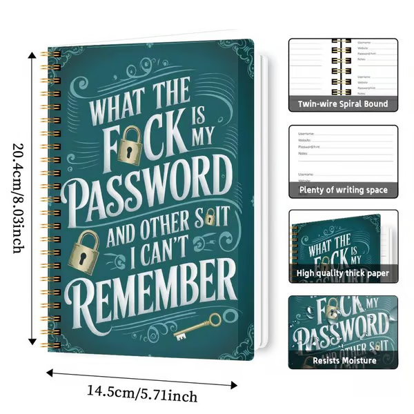 🔥Last Day 49% OFF - 📅Funny Password Notebook - Spiral Bound with Lock Icons & Funny Security Phrases✍️